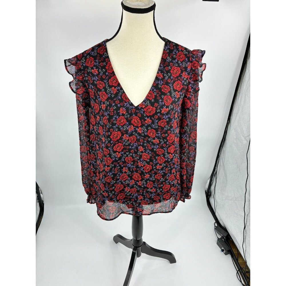 Banana Republic Womens Size M Black Red Floral V Neck Ruffle Sleeve Sheer Blouse